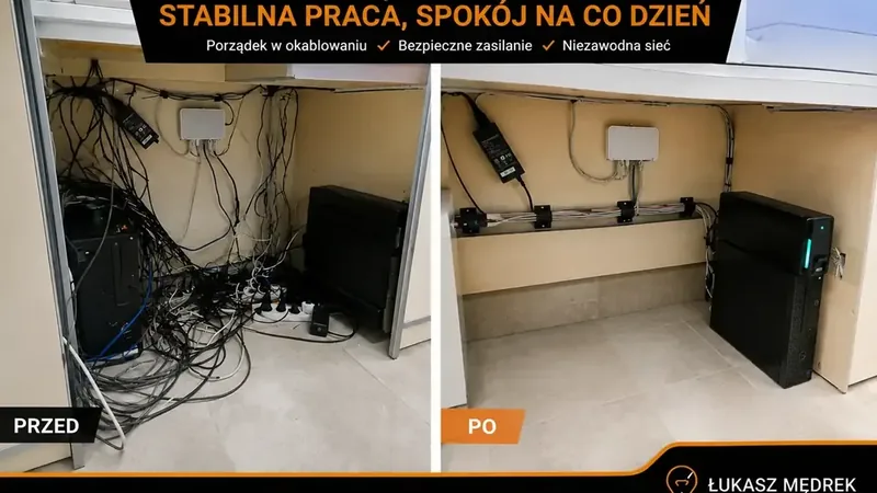 Modernizacja sieci LAN w sklepie – Bielsko-Biała w sklepie — uporządkowane okablowanie przed i po